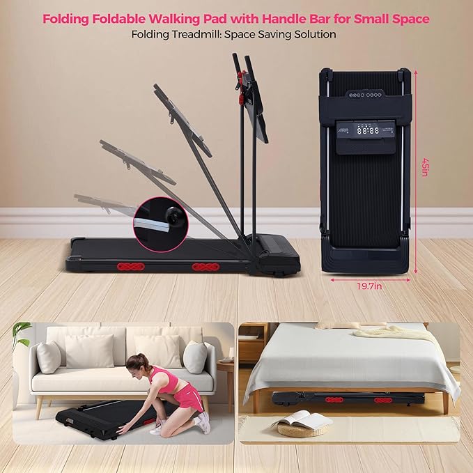 Walking Pad Treadmill with Handle Bar, 3.5HP Compact Electric Walking Pads Treadmills with Handles for Home Apartment Small, 0.6-10MPH Portable Foldable Folding Small Treadmill Home, 400LBS Capacity-StrideForce Fitness