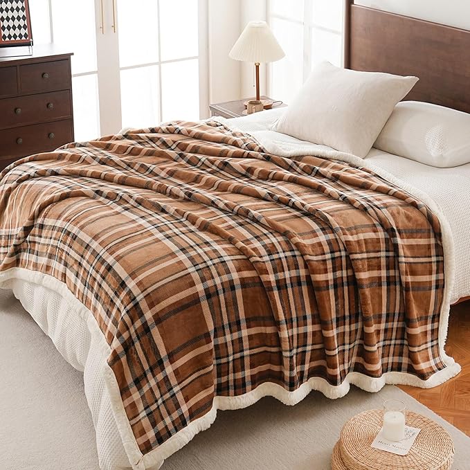 PU MEI Sherpa Fleece Throw Blanket 80" x 90" Reversible Plush Fluffy Large Big Blanket Lattice Flannel Blankets for All Season Use, Mocha Brown-StrideForce Fitness