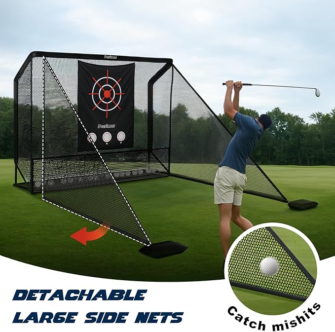 Golf Cage Practice Hitting Net,10x7ft Heavy Steel Frame with 2 Net Side Barriers,for Backyard Driving Chipping Swing Training, Home Range for Indoor& Outdoor.-StrideForce Fitness