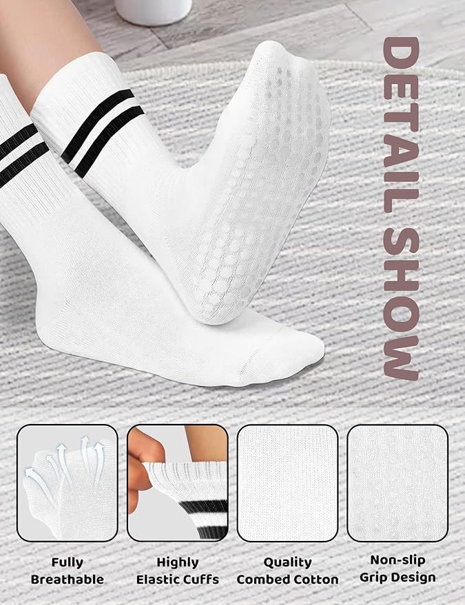 AURUZA 6 Pairs Pilates Grippy Socks with Grips for Women Non Slip Skid Yoga Socks Crew Length for Ballet Home Workout
