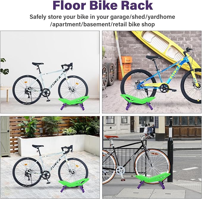 Adjustable Bike Parking Stand Fits 16-29 Inch Bicycles, Compatible with 23c-3.0 Tire Width – Heavy-Duty Plastic, Easy Installation, Stylish Two-Tone Design (Green&Purple)-StrideForce Fitness