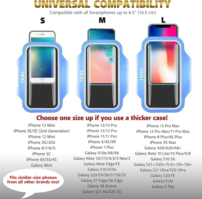 TRIBE Water Resistant Cell Phone Armband Case Running Holder for iPhone Pro Max Plus Mini SE (13/12/11/X/XS/XR/8/7/6/5) Galaxy S Ultra Plus Edge Note (21/20/10/9/8/7/6/5) Adjustable Strap & Key Pocket-StrideForce Fitness