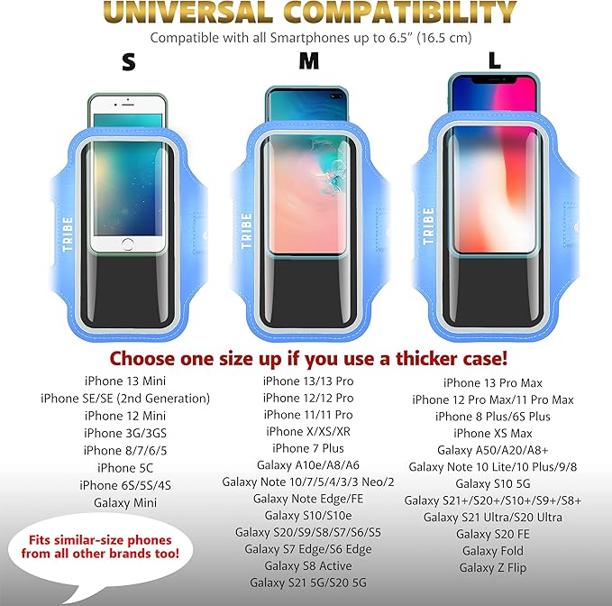 TRIBE Water Resistant Cell Phone Armband Case Running Holder for iPhone Pro Max Plus Mini SE (13/12/11/X/XS/XR/8/7/6/5) Galaxy S Ultra Plus Edge Note (21/20/10/9/8/7/6/5) Adjustable Strap & Key Pocket-StrideForce Fitness