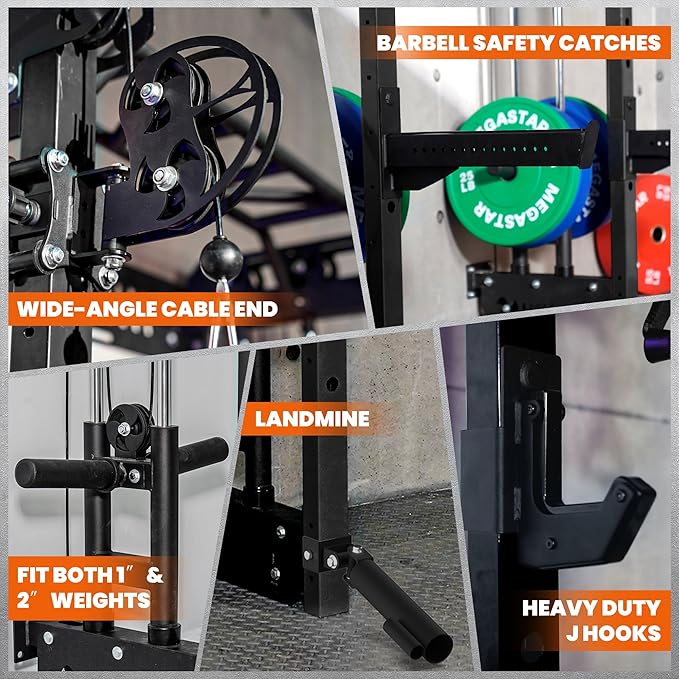 Wall Mounted Power Rack – 1600LB Capacity Compact Commercial Home Gym with Dual Cable Crossover, LAT Pulldown, Multi-Grip Pull-Up Bar & Landmine Attachment for Small Spaces, P67 Striker Red-StrideForce Fitness