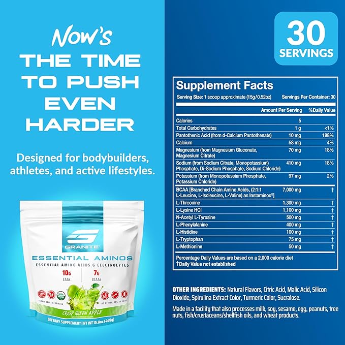 Granite Essential Amino Acids Powder, Green Apple Flavor, with 10g EAAs and 7g BCAAs, Supports Muscle Recovery & Growth, Soy-Free, Gluten-Free (30 Servings)-StrideForce Fitness