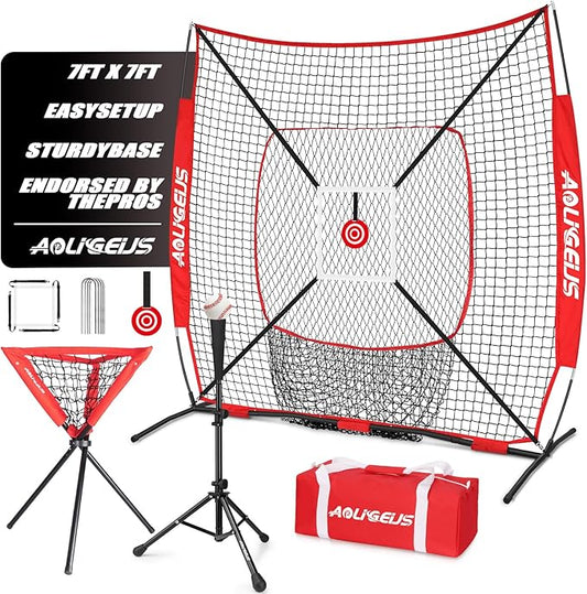 6'X6' Baseball Softball Practice Net with Batting Tee and Ball Caddy, Bonus Strike Zone Target and Bow Frame, for Hitting, Pitching, Catching-StrideForce Fitness