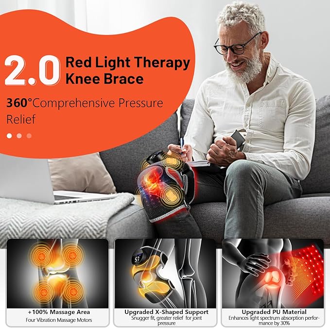 HALIDODO Upgrade 4 Vibration Massage Area Knee Brace & Red Light Therapy for Knee Pain Relief 660nm&850nm Red Light Therapy Device for Knee/Joint/Elbow/Shoulder Pain Relief, Gift for Mom-StrideForce Fitness
