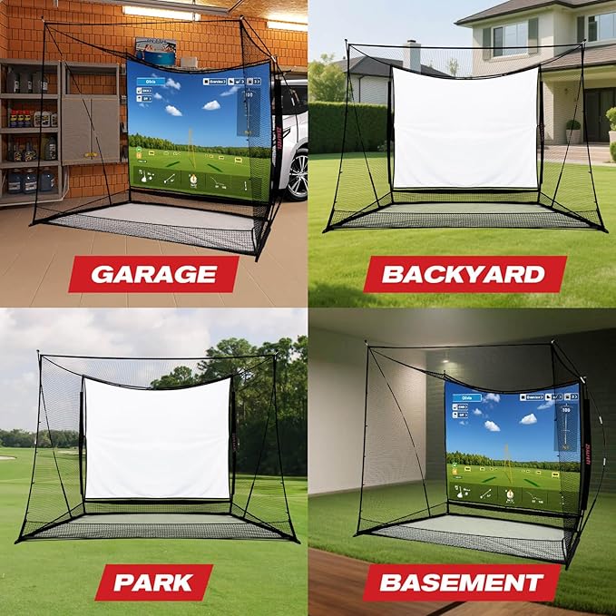Golf Simulator Cage with Side Barriers&Impact Screen – 10x8 FT Golf Net with Dual-Layer HD Simulator Screen for High-Speed Shots, Practice Net with Ball Return for Indoor Outdoor Backyard-StrideForce Fitness