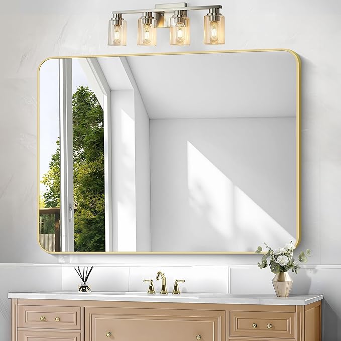 Gold Bathroom Mirror,36x48 inch Wall Mirror for Bathroom Wall Mounted,Round Rectangle Mirror for Bathroom Over Sink,Modern Frame for Home Decor Living Room,Bedroom Entryway,Horizontal/Vertical-StrideForce Fitness