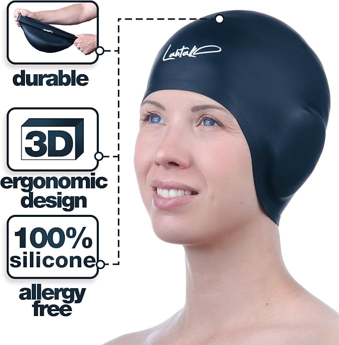 3D Swim Caps - Ear Protection Swimming Cap for Women & Men - Silicone, Waterproof - Fits Long & Short Hair - Adult & Youth-StrideForce Fitness