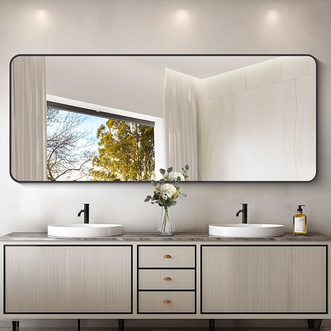 72" x 30"Bathroom Mirror, Matte Black Wall Mirror with Metal Frame, Decorative Rectangular Vanity Mirror for Bedroom Bathroom Living Room Entryway (Horizontal/Vertical)-StrideForce Fitness