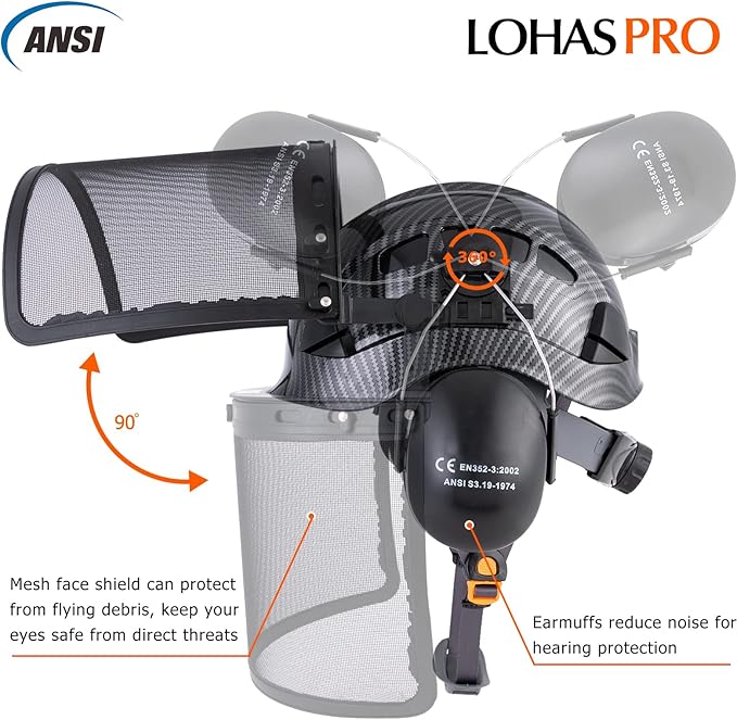 LOHASPRO Forestry Safety Helmet Chainsaw Helmet with Mesh Face Shield and Ear Muffs for Tree Logging Cutting Wood Arborist Helmet (Black Graphite Pattern with Mesh Face Shield+Earmuff)-StrideForce Fitness