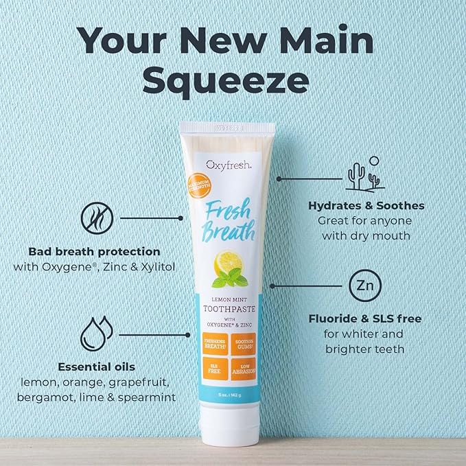 Oxyfresh Premium Lemon Mint Fresh Breath Toothpaste to Help Fight Bad Breath, Anti Plaque & Tartar Control - Low Abrasion Gel, SLS & Fluoride Free Toothpaste with Essential Oils, 5oz (Pack of 2)
