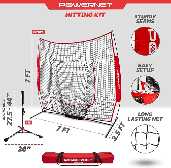 PowerNet Baseball Softball Practice Net 7x7 with Baseball Accessories for Practice Pitching, Batting & Fielding, Ball Caddy, Weighted Baseballs, Tee-StrideForce Fitness