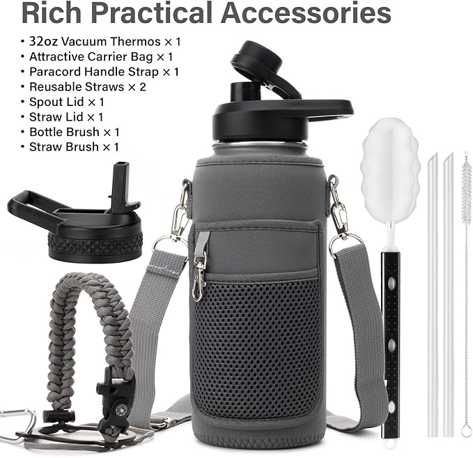 Insulated Water Bottle | Thickened Stainless Steel Vacuum Metal | Portable Sports Water Jug for Gym and Hiking with Straw, Carrier Bag, Handle Strap | BPA-Free 32 oz-StrideForce Fitness