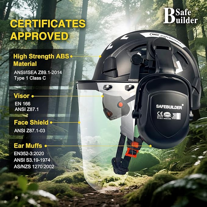 Forestry Safety Helmet with Build-in Visor Mesh Face Shield Ear Muffs 4 in 1 Chainsaw Safety Hard Hats-StrideForce Fitness