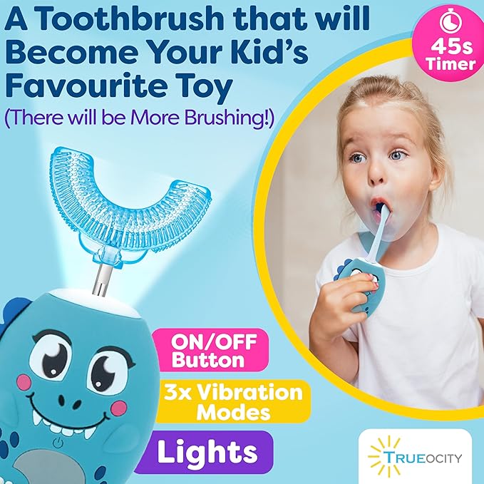 Trueocity Kids U Shape Toothbrush Auto Electric Toddler Rechargeable Kids Automatic Toothbrush | 360° U-Shaped Silicone Brush Head | Gentle Cleaning for Ages 2–7| Dinosaur Design (Blue)
