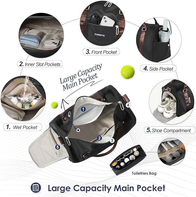 FIORETTO Womens Gym Tote Duffle Bag with Toiletry Bag, Sports Duffel Overnight Hospital Workout Carry on Bag for Girls with Wet Pocket & Shoe Compartment, Ideal for Travel, Swimming, Black & Brown-StrideForce Fitness