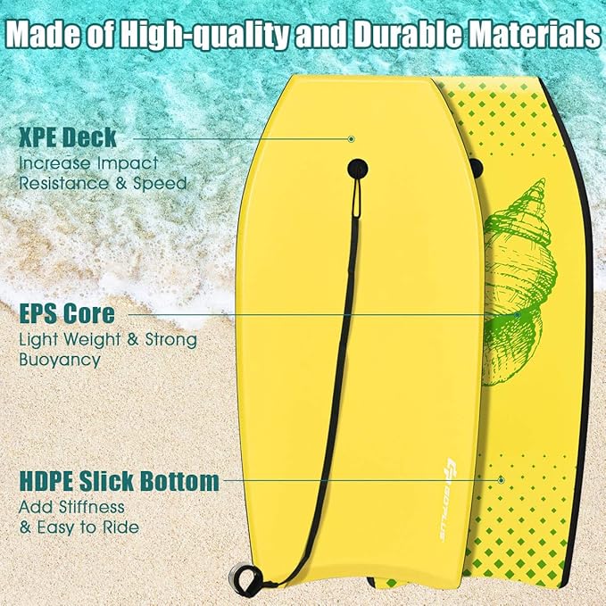 Goplus 41''/37''/33'' Lightweight Body Board for Beach, Surf Board with EPS Core, XPE Deck, HDPE Slick Bottom, Wrist Leash, Bodyboard for Kids Adults Surfing-StrideForce Fitness
