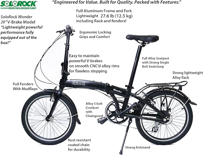 SOLOROCK 20" 8 Speed Aluminum Folding Bike - Wonder V Brakes, with Fenders & Alloy Rear Rack, Stainless Steel Spokes & Stainless Steel Fender Stays-StrideForce Fitness