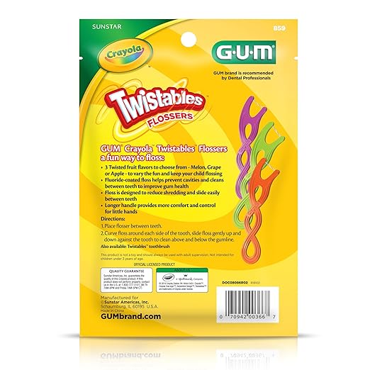 GUM Crayola Twistables Kids Flossers with Fluoride - Designed for Little Hands - Three Fun Fruit Flavors - Easy to Use Kids Floss Picks for Children Ages 3+, 90 Count (Pack of 4)