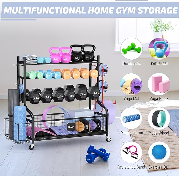 PLKOW Dumbbell Rack, Weight Rack for Dumbbells, Home Gym Storage for Dumbbells Kettlebells Yoga Mat and Balls, All in One Workout Storage with Wheels and Hooks, Powder Coated Finish Steel-StrideForce Fitness