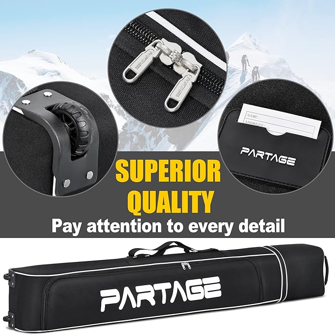 Partage Ski Bag - Ski Bag with Wheels Waterproof Ski Travel Bag Ski Boot Bag 600D Heavy Duty Oxford Fabric - Adjustable Length Up to 200cm Easy to Store and Transport Suitable for Men Women-StrideForce Fitness