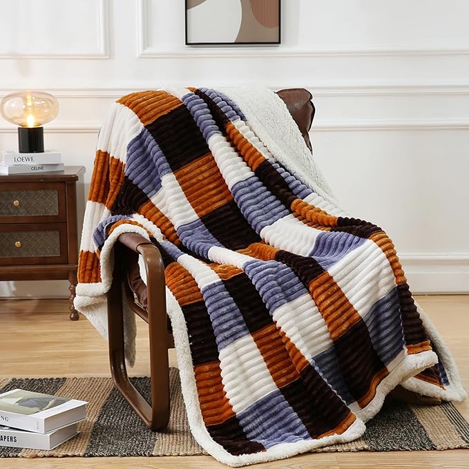 PU MEI Sherpa Blanket Twin Plaid Thick Bed Blanket, 60”*80” Super Soft Flannel Fuzzy Fleece Reversible Velvet Plush Warm Blanket for Couch (Brown Orange Check)-StrideForce Fitness