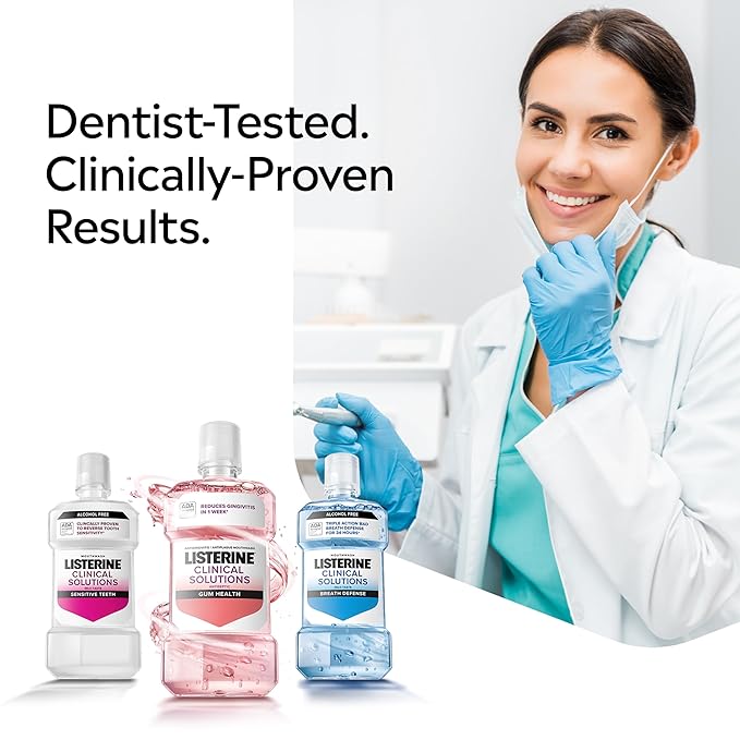 Listerine Clinical Solutions Sensitive Teeth Alcohol Free Mouthwash, Fresh Breath Dental Mouthwash Provides Protection & Relief from Tooth Sensitivity Pain, Daily Fresh Mint Oral Rinse, 500 mL