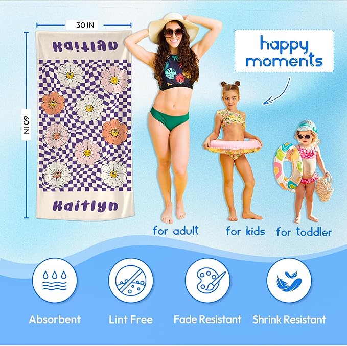 JML Personalized Beach Towel with Name, Custom Flower Beach Towel, Customized Microfiber Pool Towel, Quick Dry & Absorbent Swim Towel for Adult,Anniversary, Birthday, Summer Holiday,Vacation-StrideForce Fitness