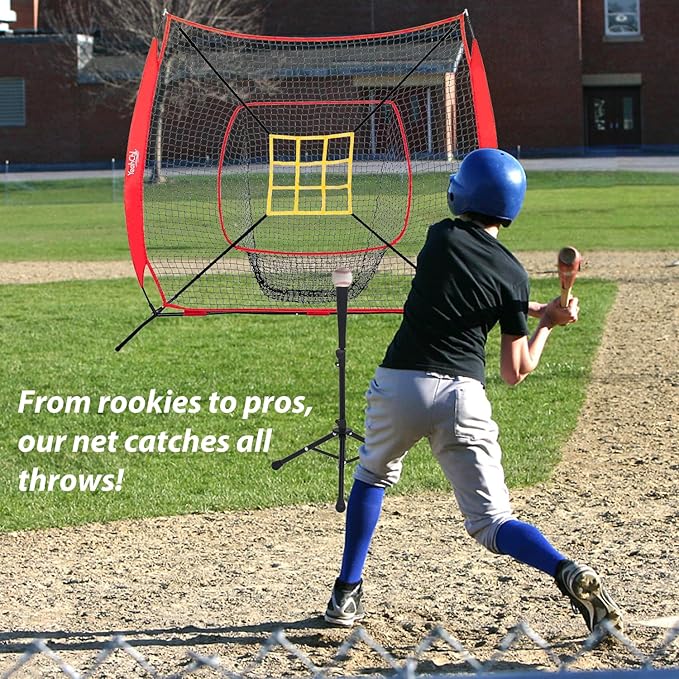 7×7FT Baseball Net with Batting Tee and Strike Zone Target, Portable Hitting Pitching Batting Training Net, Baseball and Softball Training Equipment,Suitable for All Skilled Levels-StrideForce Fitness