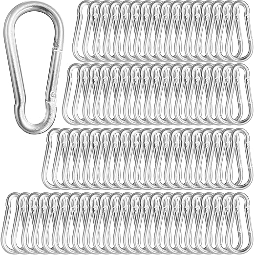 100Pcs 2.36" Sliver Carabiners Clip, M6 Galvanized Steel Small Spring Snap Hook, Keychain Clip, Quick Link Key Chain for Hammock Swing Set Outdoor Travel, Camping, Fishing, Hiking-StrideForce Fitness