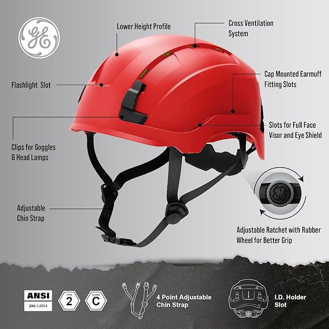 GE Safety Helmet: ANSI Type 2 Class G & E, Advanced Impact Technology, Ultra Comfortable Memory Foam, Heat Stress Reduction, Compatible with Accessories, Adjustable Size OSHA Approved-StrideForce Fitness
