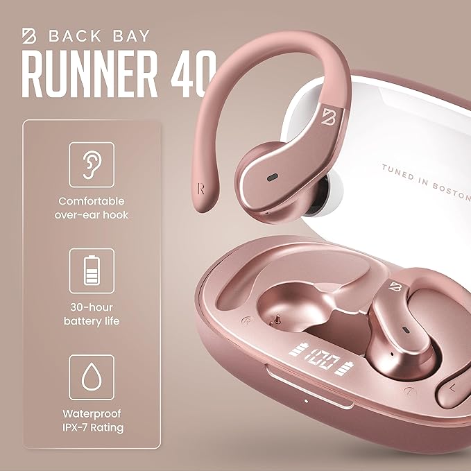 Back Bay Audio - Runner's Wireless Earbuds Bluetooth Headphones for Sports, Hook Over The Ear Buds, Deep Bass, Wrap Around Earphones with Earhooks for Running, Workout Wireless Headphones for The Gym-StrideForce Fitness