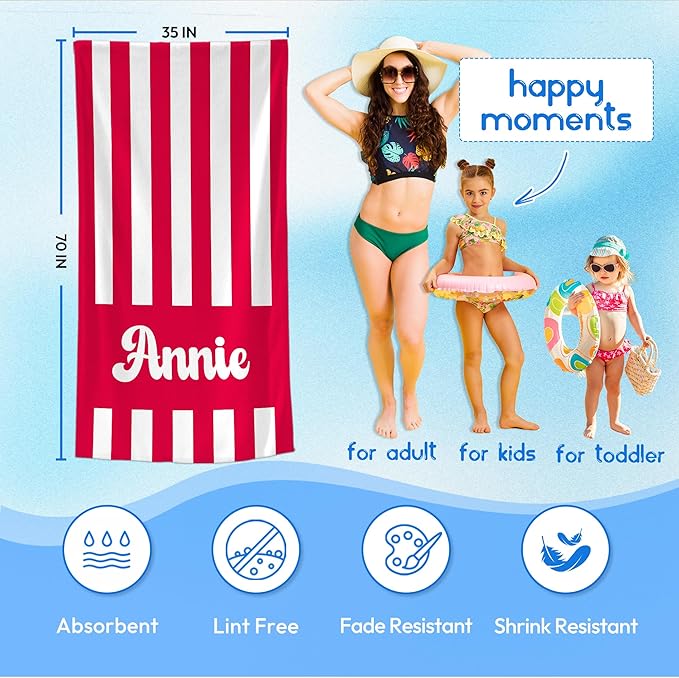 JML Personalized Beach Towel with Name, Custom Cabana Stripe Beach Towel, Customized Microfiber Pool Towel, Quick Dry & Absorbent Swim Towel for Adult,Mother's Day, Birthday, Summer Holiday,Vacation-StrideForce Fitness