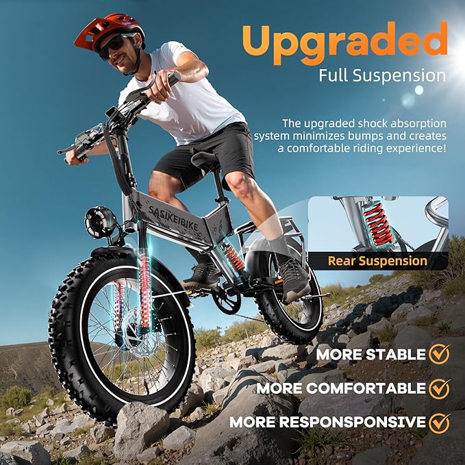 Folding Electric Bike for Adults, 20'' 1500W Peak Fat Tire Ebike, Up to 70 Miles 30+MPH Electric Mountain Bike with 52V 20AH Removable Battery, Dual Suspension, 7-Speed,UL Certified-StrideForce Fitness