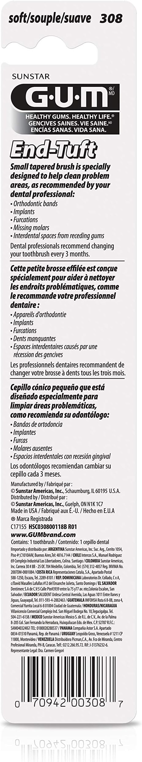 GUM End Tuft Toothbrush - Extra Small Head for Hard-to-Reach Areas - Implants, Back Teeth, and Wisdom Teeth - Soft Dental Brush for Adults, 1 Count(Pack of 6)