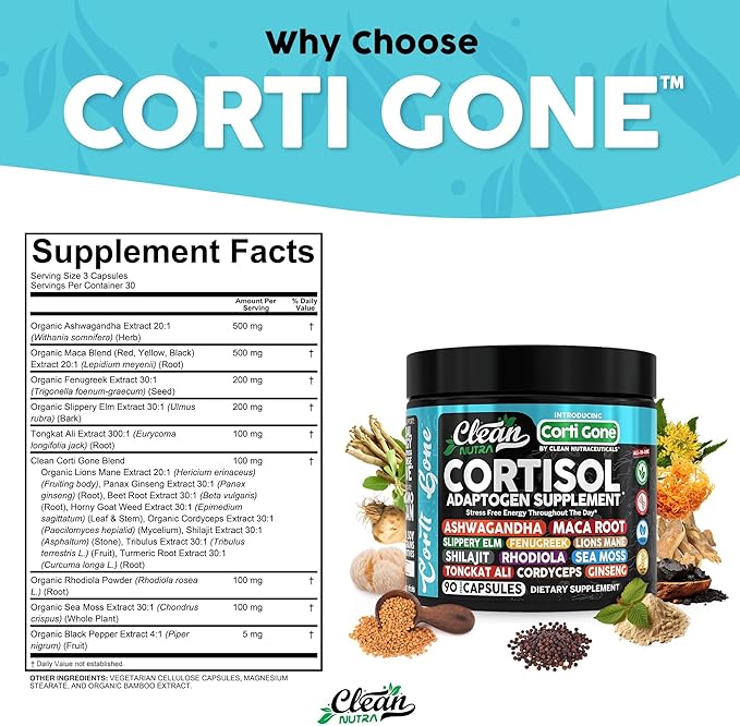 Corti Gone Cortisol Supplements For Women | Maca Root Ashwagandha Cortisol Detox Manager Reducer + Slippery Elm Fenugreek Lions Mane Shilajit Rhodiola Sea Moss Tongkat Ali Cordyceps Ginseng Beet Root-StrideForce Fitness