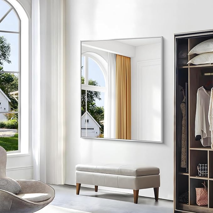 Silver Bathroom Mirror,40x48 inch Wall Mirror for Bathroom Wall Mounted,Large Rectangle Mirror for Bathroom Over Sink,Modern Metal Frame for Living Room,Bedroom Entryway,Horizontal/Vertical-StrideForce Fitness