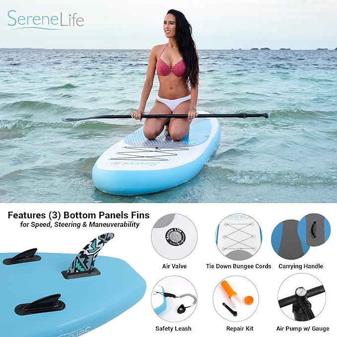 SereneLife Inflatable Stand Up Paddle Board with Premium SUP Accessories – Wide Stable Design with Non-Slip EVA Deck Pad for Adults and Youth of All Skill Levels-StrideForce Fitness