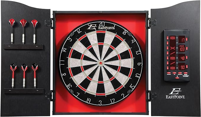 EastPoint Sports Tournament Bristle Dartboard and Easy Hang Cabinet with Electronic Scoreboard and 6 Steel Tip Darts-StrideForce Fitness