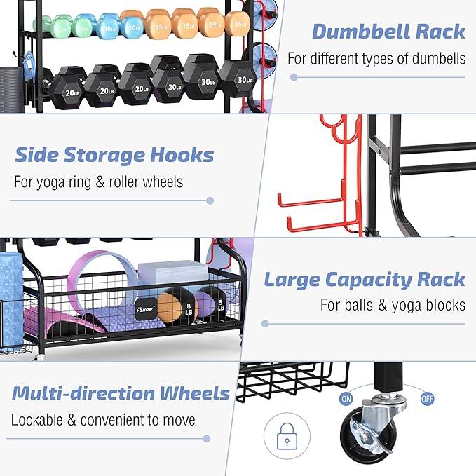 PLKOW Dumbbell Rack, Weight Rack for Dumbbells, Home Gym Storage for Dumbbells Kettlebells Yoga Mat and Balls, All in One Workout Storage with Wheels and Hooks, Powder Coated Finish Steel-StrideForce Fitness
