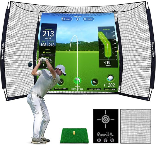 Golf Cage with Impact Screen, 10x8 Ft Golf Hitting Net w/Sound-Dampening Cloth, Practice Mat, Golf Simulator Enclosure, Indoor & Outdoor Driving Chipping Equipment for Home, Backyard & Garage-StrideForce Fitness