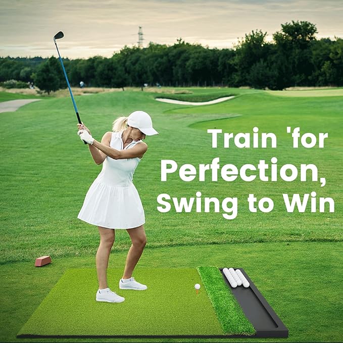 Golf Hitting Mat with Ball Tray 5x4ft - 6x4ft Dual-Turf Practice Mat for Indoor & Outdoor Use Golf Training Mat with Rubber Tee Holes, Suitable for Swing Driving & Chipping-StrideForce Fitness