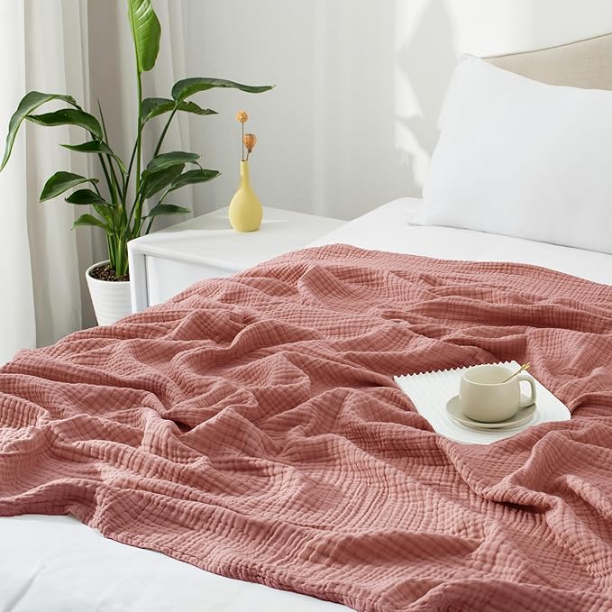 Carriediosa 100% Cotton Muslin Throw Blanket 108" X 90" King Size，4-Layers Summer Gauze Throws for Bed Couch，Soft Lightweight Breathable Linen Blankets Bedspread for Adults All Season，Mauve-StrideForce Fitness