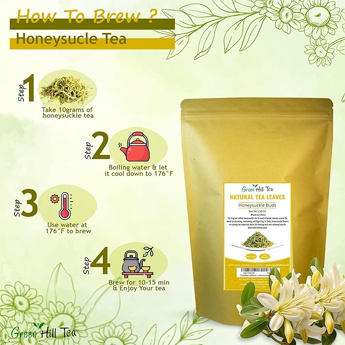 Greenhilltea traditional health herbs, Premium Honeysuckle buds, honey suckle tea NO GMO, NO Additives, Caffeine free dried herbal tea 5 OZ-StrideForce Fitness