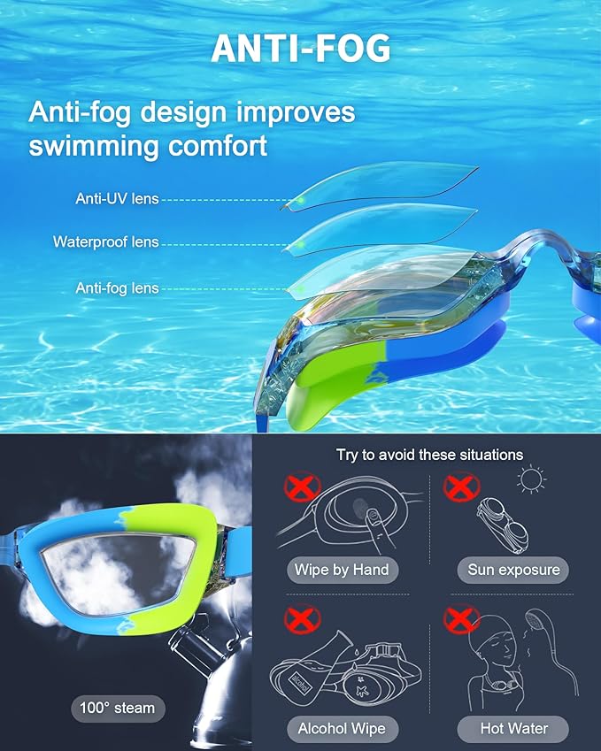 Kids Swim Goggles, Swimming Goggles for Kids with Nose Clip, Earplugs, Nose Bridge for Age 3-15-StrideForce Fitness
