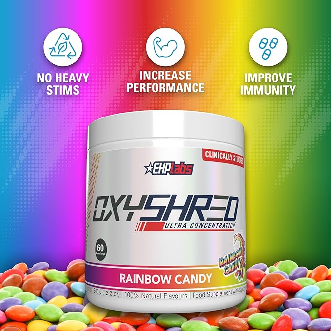 EHP Labs OxyShred Pre Workout Powder - Preworkout Powder with L Glutamine & Acetyl L Carnitine, Energy Boost Drink - Rainbow Candy, 60 Servings-StrideForce Fitness