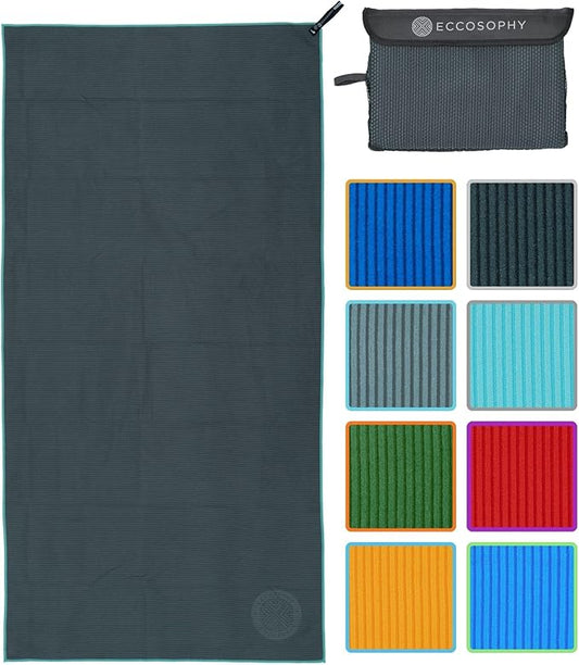 ECCOSOPHY Microfiber Beach Towel – Quick Dry Gym Towel, Highly Absorbent with Ribbed Texture, Lightweight – Ideal for Travel, Pool, Yoga, Fitness & Outdoor Adventures – 71x35 Charcoal-StrideForce Fitness