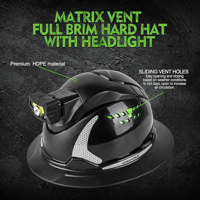 GREEN DEVIL Matrix Full Brim Hard Hat with Headlight Vented Construction Safety Helmet OSHA Approved Cascos De Construccion Work Hardhat for Men&Women-StrideForce Fitness